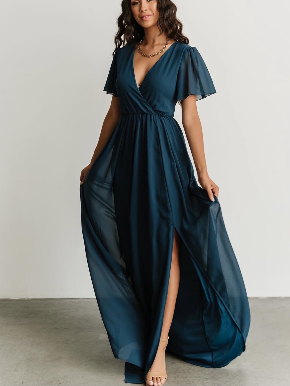 Baltic Born Teal Vaughnie Chiffon Maxi Dress with Tie Back Flowy Size Medium
